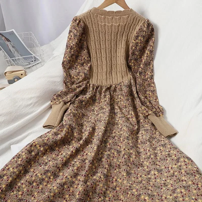Autumn/winter Stitching Straps Slimming Knitted Long Dress Fashion All-match Corduroy Floral Dress Tunics Office stylish