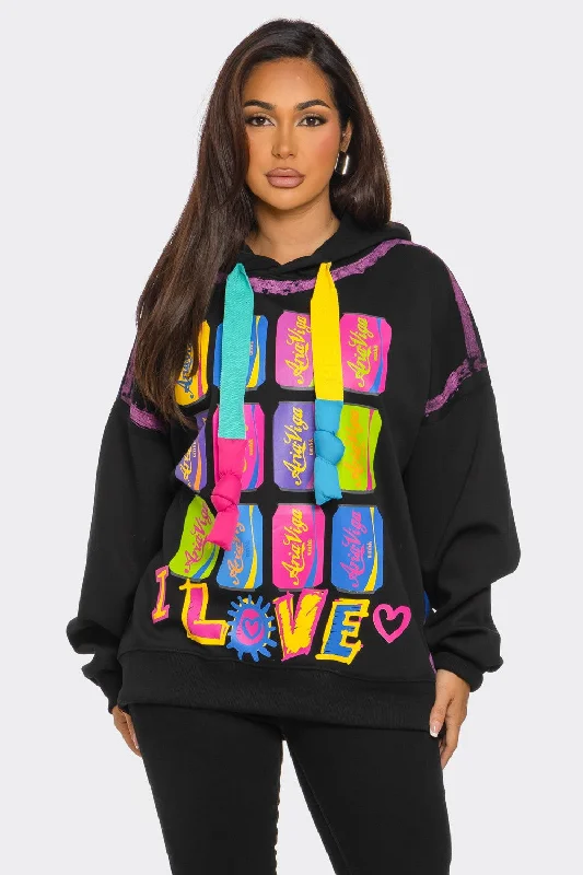 FT4201P- PRINTED HOODIE TOP (ONE SIZE) Hoodie with High-Low Hem Asymmetrical Trendy