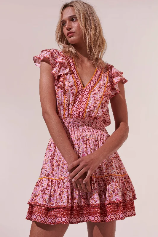 Camila Pink Damask Mini Dress Elegant Silk Mini Dress