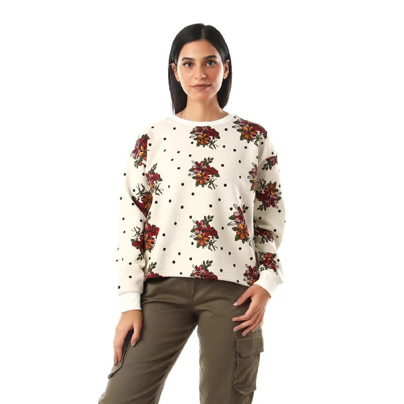 Flowers & Dots Womens Cropped Sweatshirt - Off White Hoodie with Cropped Fit Short Trendy Flowers & Dots Womens Cropped Sweatshirt - Off White Hoodie with Cropped Fit Short Trendy