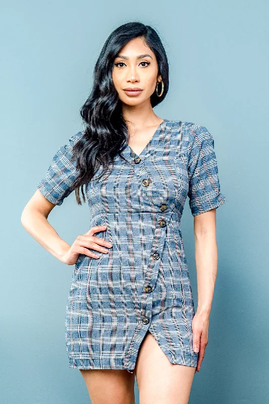 Houndstooth Plaid Asymmetrical Button Down Mini Dress with Split at Thigh (FL19C160) Casual V-Neck Mini Dress Houndstooth Plaid Asymmetrical Button Down Mini Dress with Split at Thigh (FL19C160) Casual V-Neck Mini Dress