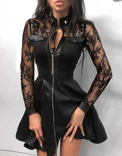 Black Lace Sleeve PU Faux Leather Plus Size Dress Fashion V-Neck Zipper Party Dress Tunics Essential wardrobe Black Lace Sleeve PU Faux Leather Plus Size Dress Fashion V-Neck Zipper Party Dress Tunics Essential wardrobe