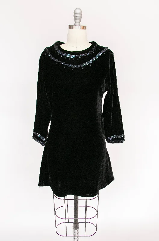 1960s Mini Dress Velvet Sequin Black Mod S Stylish Summer Mini Dress