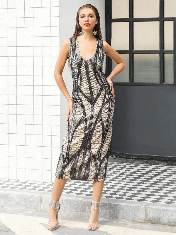 Retro Geometric Sequin Bodycon Midi Party Dress Tunics Designer luxury