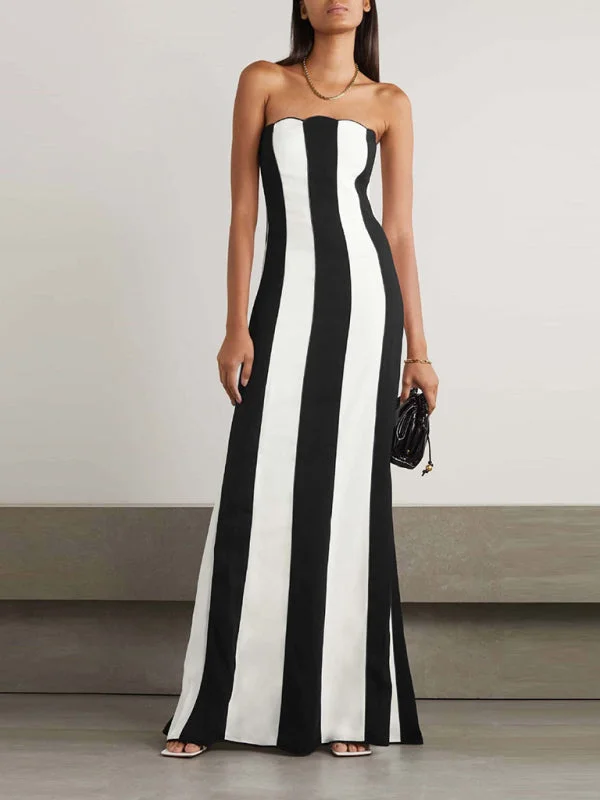 Strapless black and white striped party dress can be worn everyday Tunics Seasonal trendy