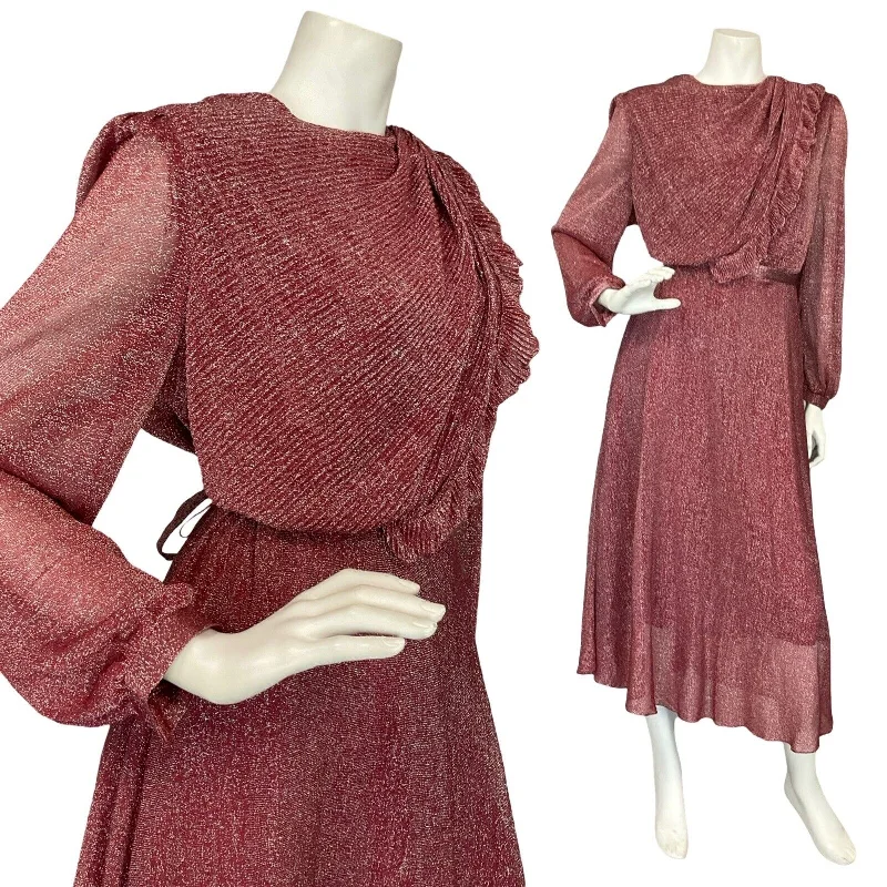 VTG 70S BURGUNDY LUREX LONG SLEEVE BLOUSON TIE WAIST PARTY DRESS 10 12 Tunics Chic elegant VTG 70S BURGUNDY LUREX LONG SLEEVE BLOUSON TIE WAIST PARTY DRESS 10 12 Tunics Chic elegant