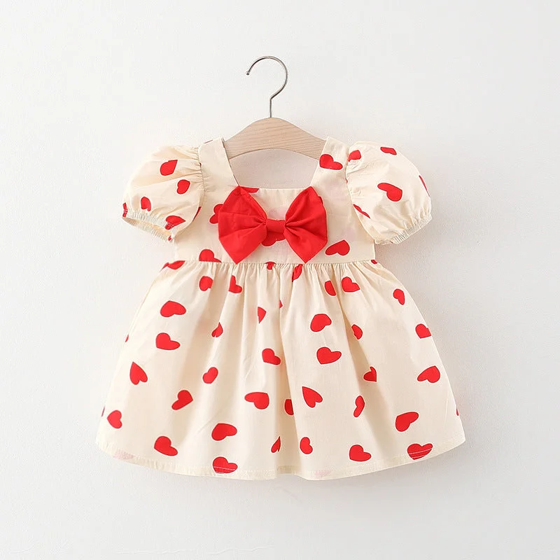 Baby Dress Cute Square Neck Heart Print Puff Sleeve Dress Tunics Handmade artisanal