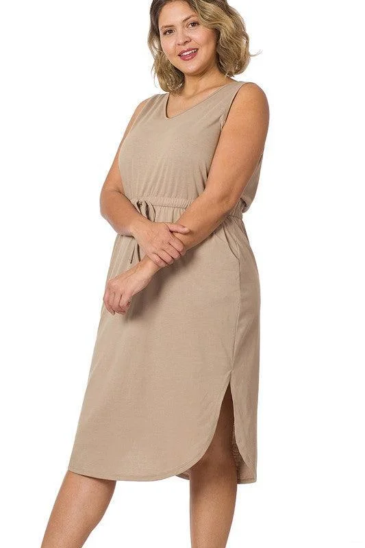 Plus Drawstring Waist Curved Hem Dress Tunics Solid Classic