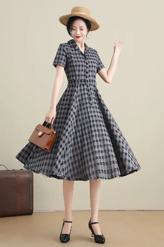 Black and Grey Linen Plaid Swing Shirtwaist Dress 3279# Tunics Floral girly