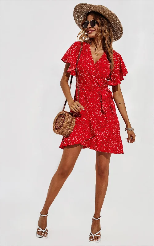 FS Collection Dot Print Wrap Red Mini Dress Trendy Bodycon Mini Dress