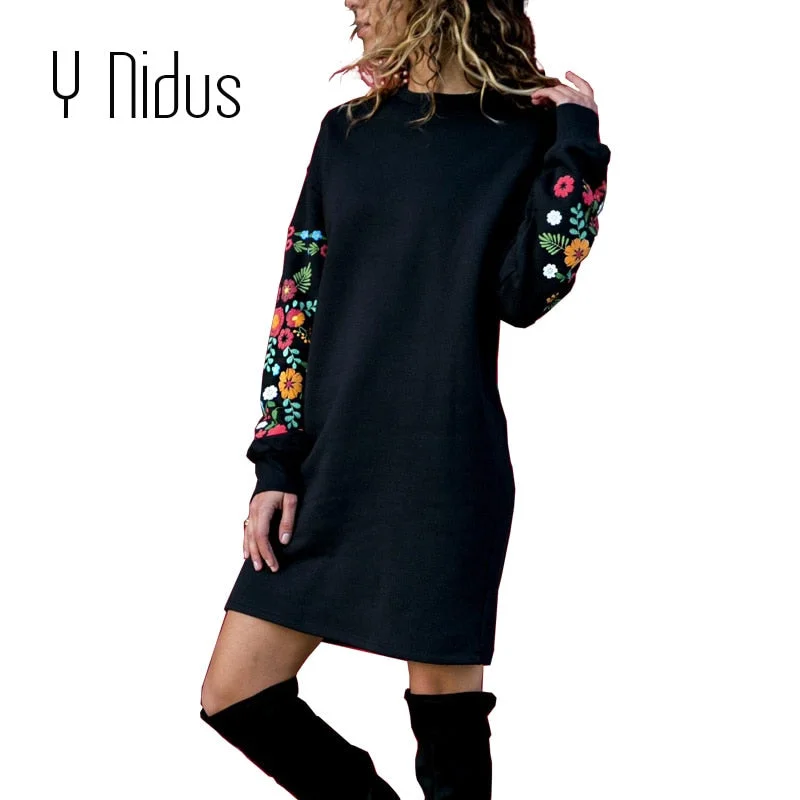 Y Nidus Dresses Women Winter Mini Dress Elegant Floral Print Long Sleeve O-Neck Loose Warm Dress Black Streeetwear vestido 2018 Comfortable Off-Shoulder Mini Dress Y Nidus Dresses Women Winter Mini Dress Elegant Floral Print Long Sleeve O-Neck Loose Warm Dress Black Streeetwear vestido 2018 Comfortable Off-Shoulder Mini Dress