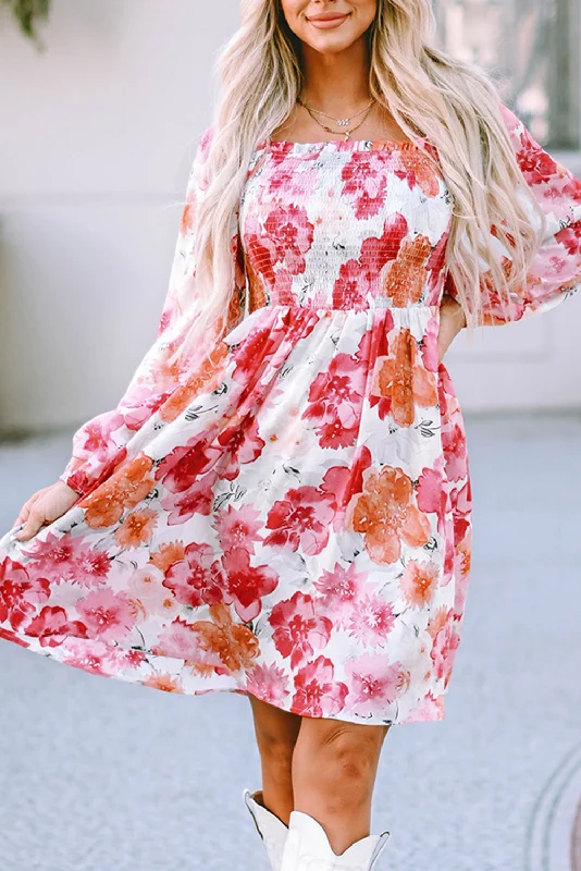 Women's Floral Print Smocked Puff Sleeve Mini Dress Classic Casual Mini Dress