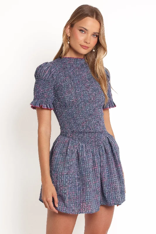 Celine Mini Dress - Navy Plaid Elegant Tulle Mini Dress