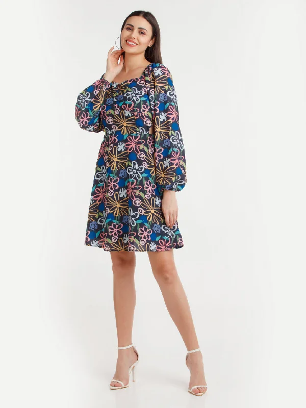 Multi Color Printed Mini Dress Elegant Mini Dress with Ruffles