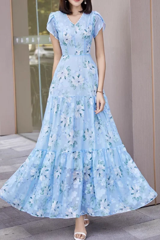 Blue floral printed long chiffon dress  5042 Tunics Distressed trendy