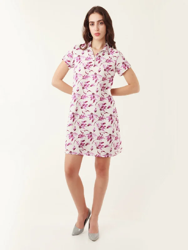 White Tropical Print Regular Mini Dress for Women Cozy A-Line Mini Dress