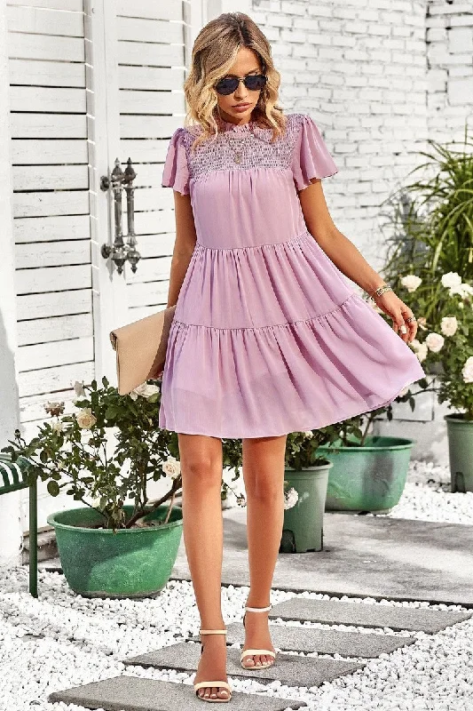 Flutter Sleeve Smocked Detail Dress Tunics Fleece cozy