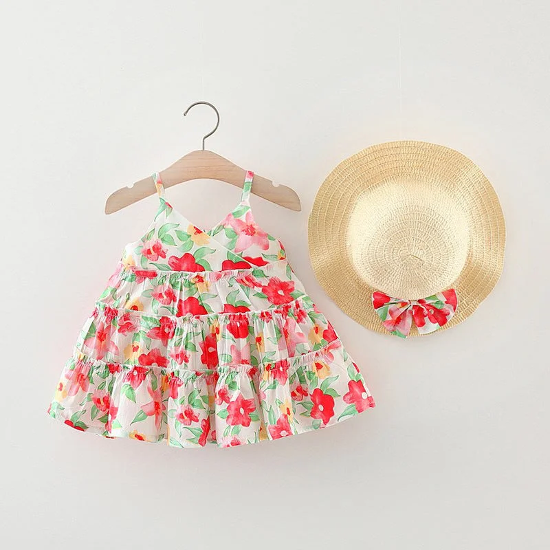 Baby Girl Dress Sweet Baby Suspender Print Beach Toddler Dress Square Neckline Feminine Baby Girl Dress Sweet Baby Suspender Print Beach Toddler Dress Square Neckline Feminine