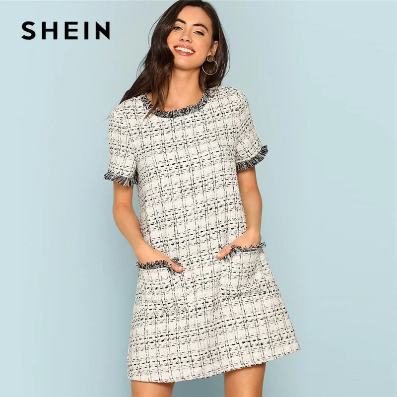 SHEIN Grey Plaid Frayed Edge Button Detail Tweed Dress Elegant Frill Straight Short Dresses Women Autumn Workwear Mini Dress Trendy Tulle Mini Dress SHEIN Grey Plaid Frayed Edge Button Detail Tweed Dress Elegant Frill Straight Short Dresses Women Autumn Workwear Mini Dress Trendy Tulle Mini Dress
