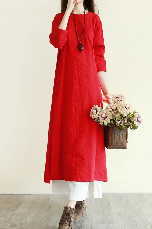 crew dish buckle summer linen long dress with 3/4 sleeves CYM336 Tunics Winter warm