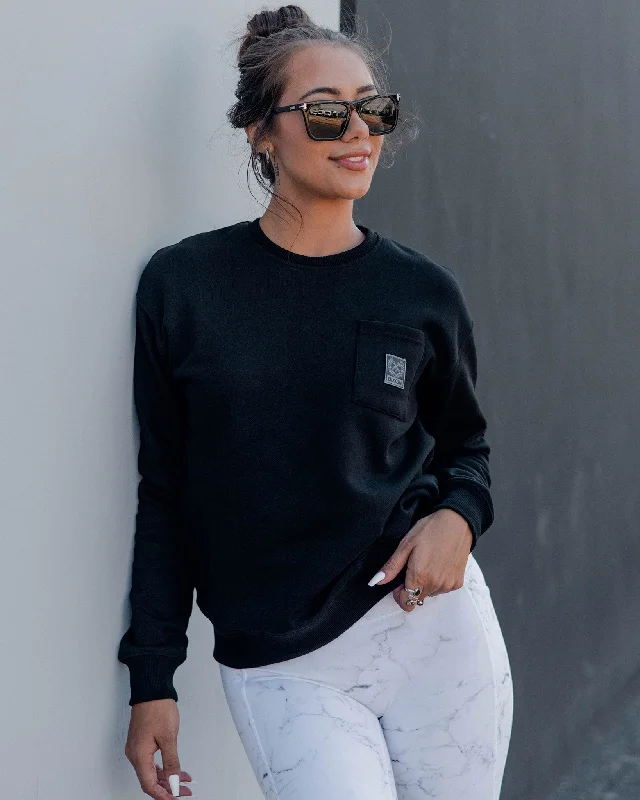 Women's Pocket Crewneck Sweatshirt - Black Hoodie with Typography Text Message