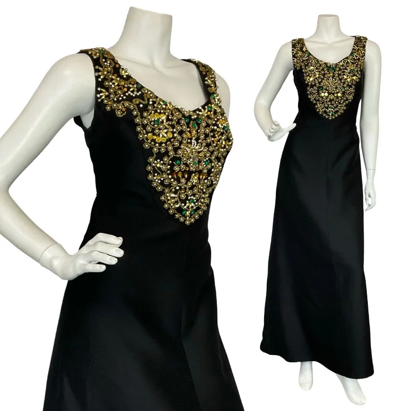 VTG 60S BLACK GOLD PEARL SEQUIN BEADED EMBELLISHED MAXI PARTY DRESS 10 empire Waist empire VTG 60S BLACK GOLD PEARL SEQUIN BEADED EMBELLISHED MAXI PARTY DRESS 10 empire Waist empire