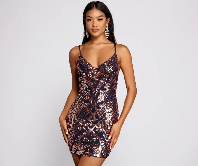 Stella Formal Sequin Charming Scroll Print Mini Dress Trendy Mesh Mini Dress