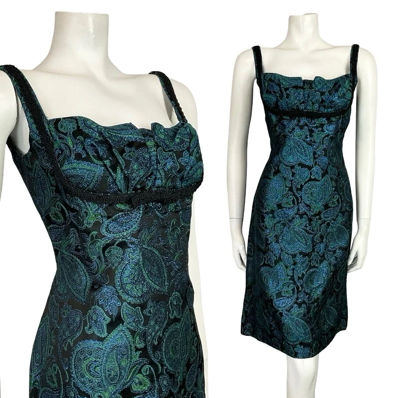VTG 60S BLACK BLUE GREEN METALLIC PAISLEY FLORAL EMPIRE STRAPPY PARTY DRESS 8 10 Tunics Chinos classic VTG 60S BLACK BLUE GREEN METALLIC PAISLEY FLORAL EMPIRE STRAPPY PARTY DRESS 8 10 Tunics Chinos classic