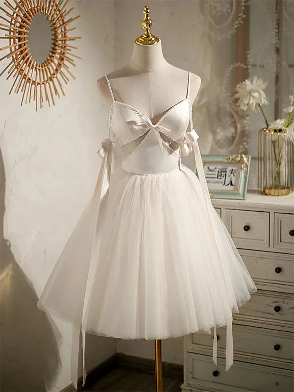 Sexy White Satin Spaghetti Straps V-Neck A-Line Mini Dresses/ Homecoming Dresses With Beading, PD3570 Trendy Denim Mini Dress Sexy White Satin Spaghetti Straps V-Neck A-Line Mini Dresses/ Homecoming Dresses With Beading, PD3570 Trendy Denim Mini Dress