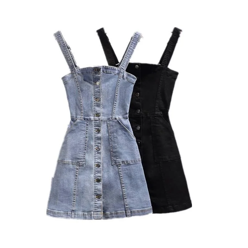 2 Color Denim Suspender Dress Single-breasted Slim Waist A-line Strap Skirt Package Hip Dresses Tunics New arrival