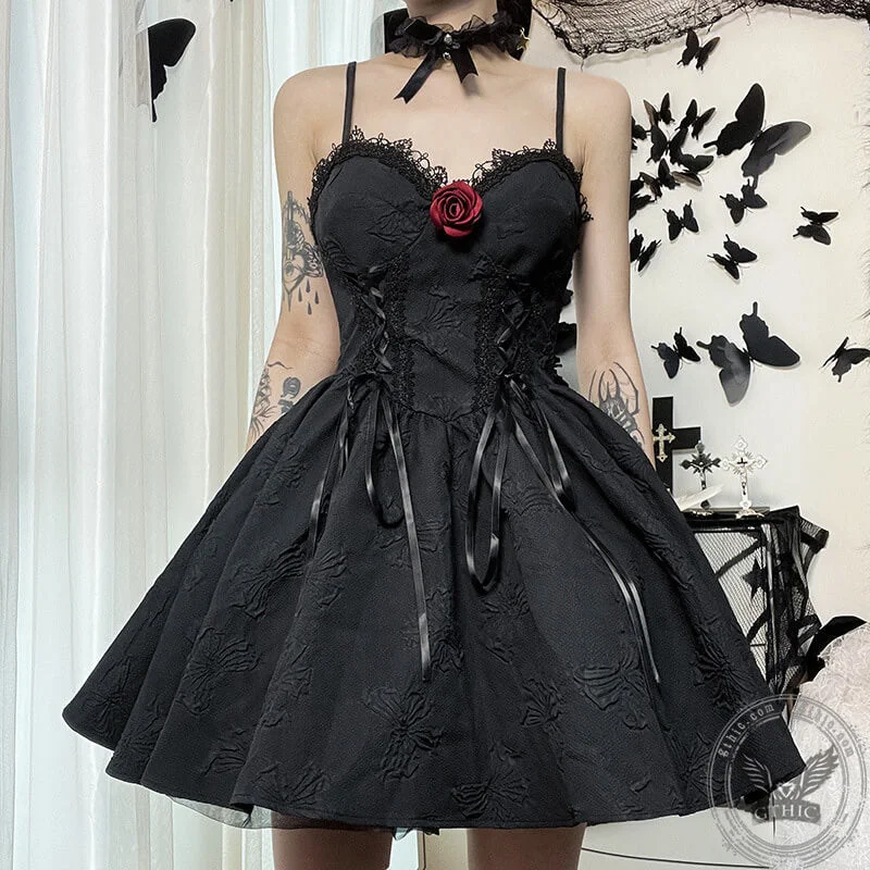 Black Goth Rose Polyester Party Dress Tunics Brand named