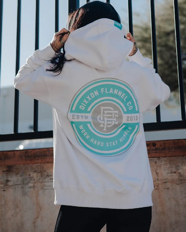 Women's Tiffany Work Hard Badge Zip Up Hoodie - White Hoodie with Oversized Fit Loose Comfortable