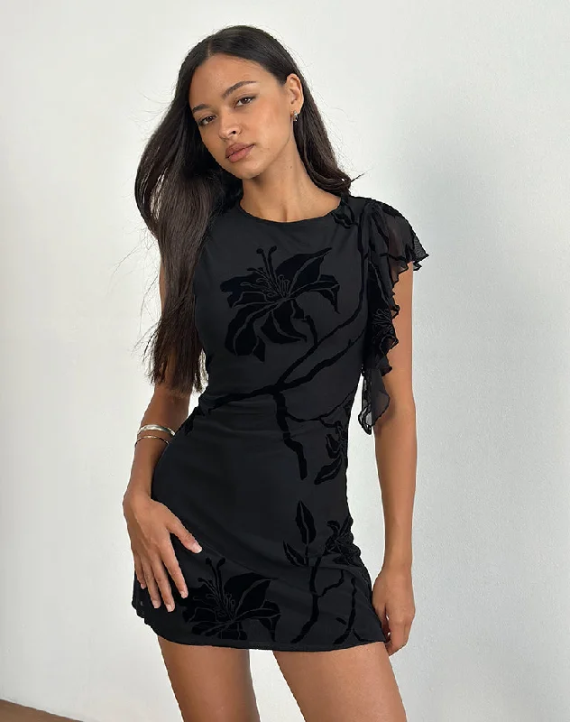 Salya Mini Dress in Orchids Flock Black Stylish Short Sleeve Mini Dress