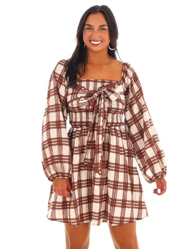 Harvest Check Bow Mini Dress Cozy Long Sleeve Mini Dress