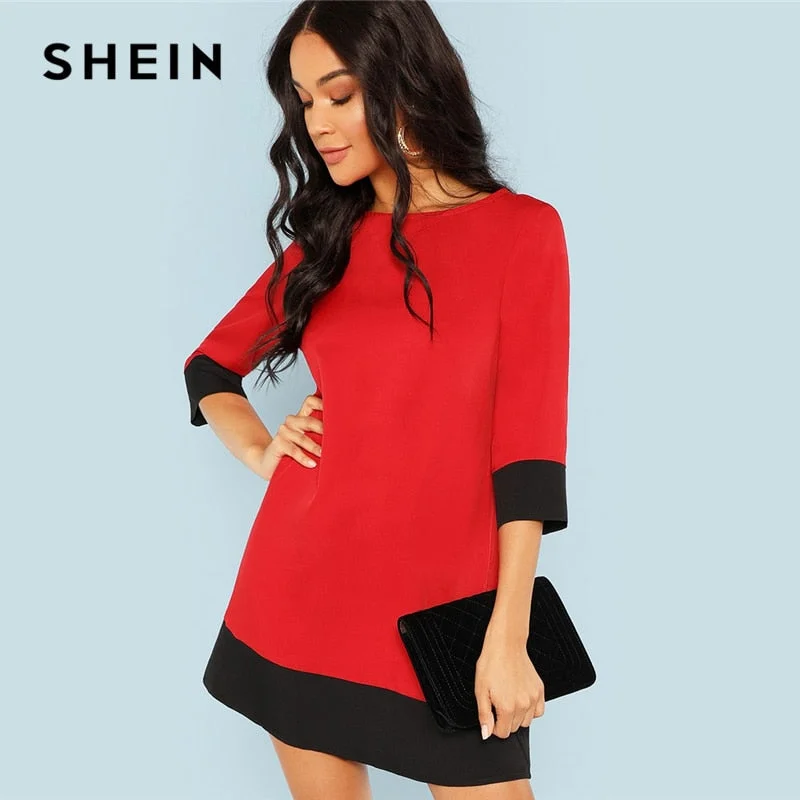SHEIN Red Contrast Trim Tunic Dress Workwear Colorblock 3/4 Sleeve Short Dresses Women Autumn Elegant Straight Mini Dresses Cozy Satin Mini Dress SHEIN Red Contrast Trim Tunic Dress Workwear Colorblock 3/4 Sleeve Short Dresses Women Autumn Elegant Straight Mini Dresses Cozy Satin Mini Dress