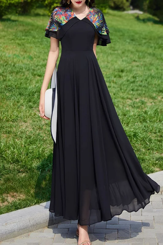 Black maxi summer chiffon dress with printed cape 4988 Tunics Wedding white