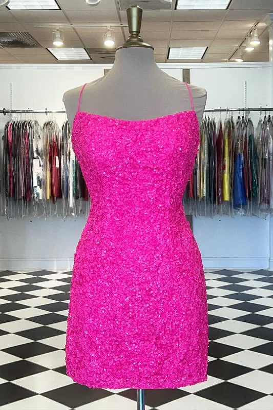 Spaghetti Straps Hot Pink Bodycon Mini Dress Comfortable Ruffle Mini Dress