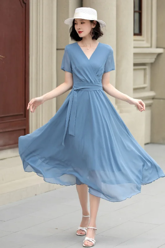 Blue fit and flare prom summer chiffon dress 5206 Shift Classic Vintage