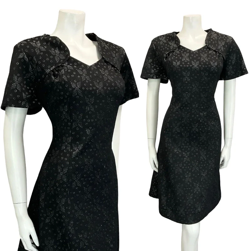 VTG 60S BLACK SILVER GEOMETRIC FLORAL SWEETHEART RUCHED PARTY DRESS 12 14. M Boatneck Modish Everyday VTG 60S BLACK SILVER GEOMETRIC FLORAL SWEETHEART RUCHED PARTY DRESS 12 14. M Boatneck Modish Everyday