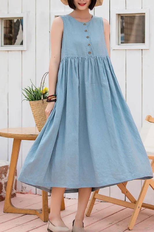 A line loose fitting light blue linen dress 2804 -Size XS #yy01678 Tunics Ceremony elegant