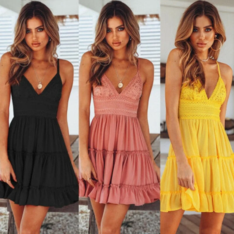 Women's Summer Sundress Sexy Backless Deep V-neck Beach Party Dresses Sleeveless Spaghetti Strap White Boho Mini Dress Vestidos Crew Neckline Casual Women's Summer Sundress Sexy Backless Deep V-neck Beach Party Dresses Sleeveless Spaghetti Strap White Boho Mini Dress Vestidos Crew Neckline Casual