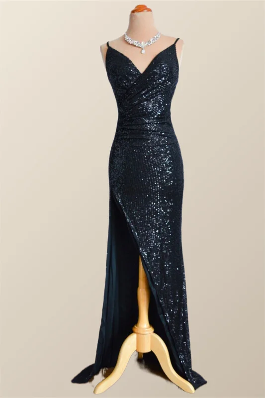 Black Sequin Straps Faux Wrap Party Dress Tunics Prom sequined