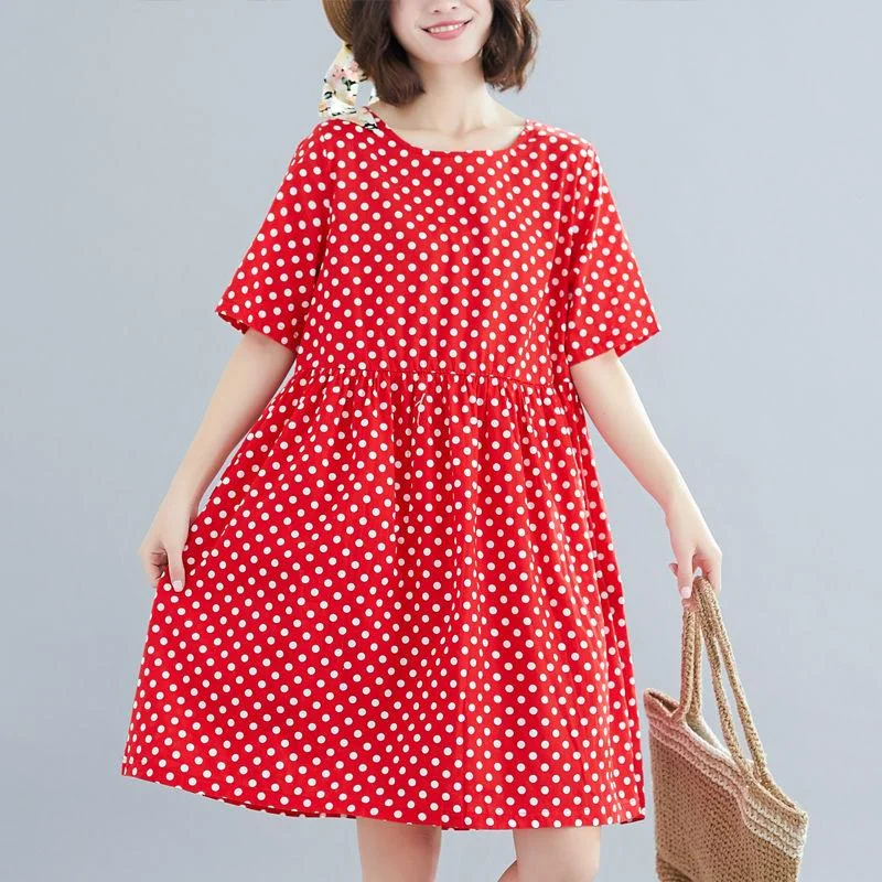 Summer Women's Polka Dot Short-sleeved Loose Mid-length Skirt Large Size Dress Loose Casual Covering Belly Thin Fabric Light and Breathable Maxi Flowy Bohemian Summer Women's Polka Dot Short-sleeved Loose Mid-length Skirt Large Size Dress Loose Casual Covering Belly Thin Fabric Light and Breathable Maxi Flowy Bohemian