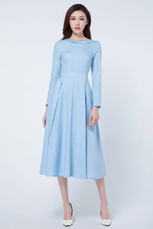light blue Pleated party dress 1727# Crew Neckline Casual