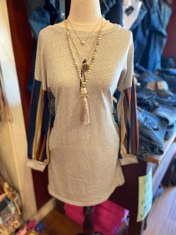 Striped Sleeve Mini Dress (X-Large) Trendy Denim Mini Dress