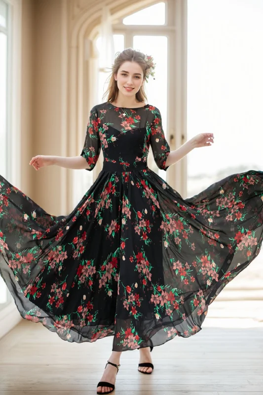 Black Floral Swing Summer Chiffon Dress 5112 Tunics Exclusive limited