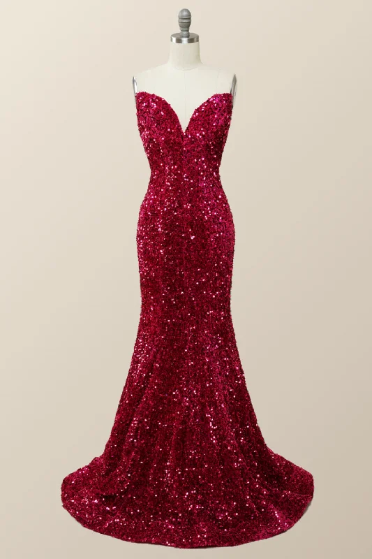 Strapless V Neck Fuchsia Sequin Mermaid Party Dress Tunics Silk luxurious