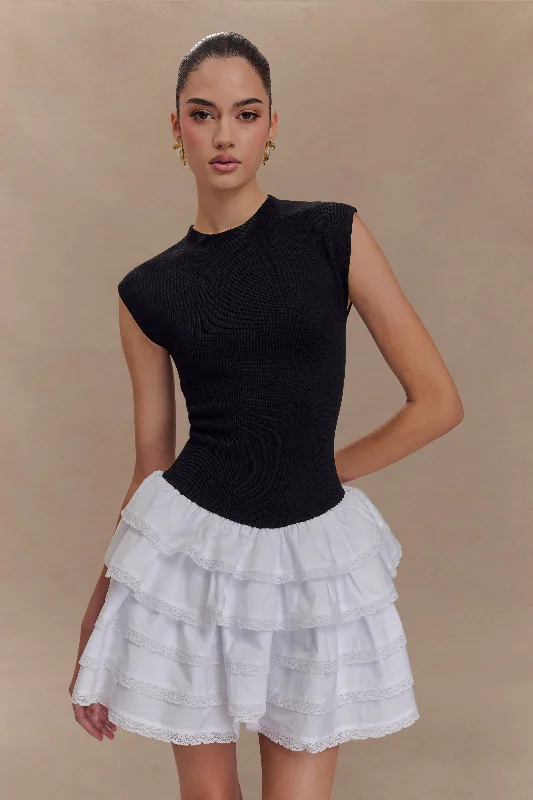 Maeve Contrast Ruffle Knit Mini Dress - Black/White Comfortable Polka Dot Mini Dress