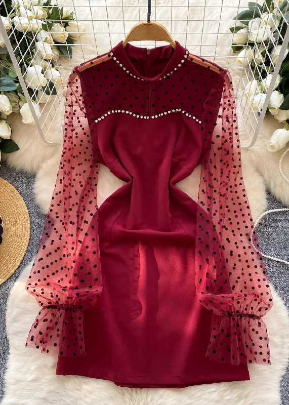 Silm Fit Red Dot Patchwork Tulle Zircon Mini Dresses Spring Casual Button-Up Mini Dress