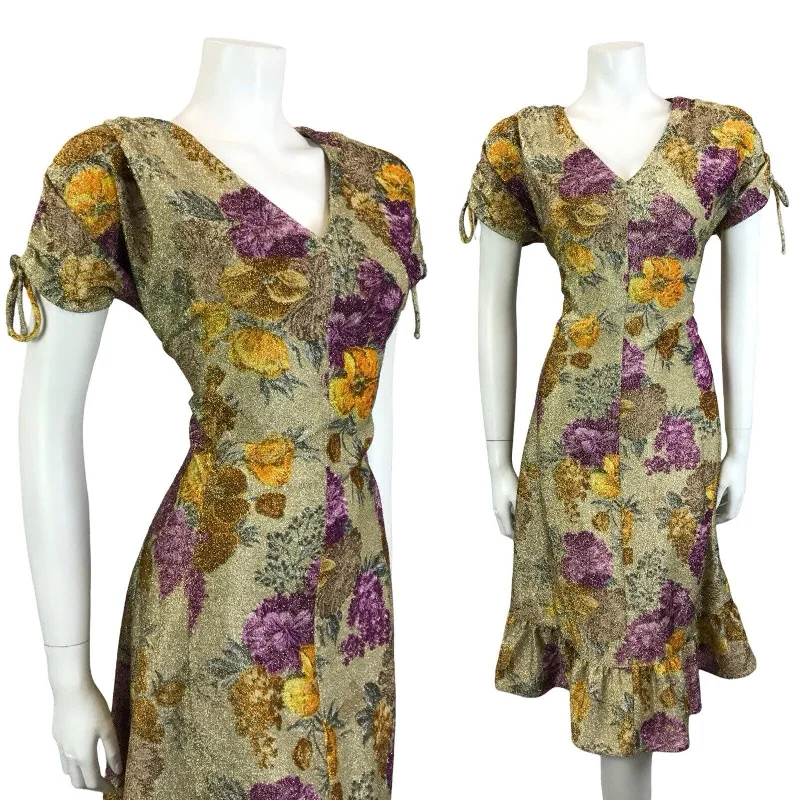 VTG 60S GOLD YELLOW PURPLE LUREX GLITTERING FLORAL V NECK PARTY DRESS 12 14 M Tunics Stylish modern VTG 60S GOLD YELLOW PURPLE LUREX GLITTERING FLORAL V NECK PARTY DRESS 12 14 M Tunics Stylish modern